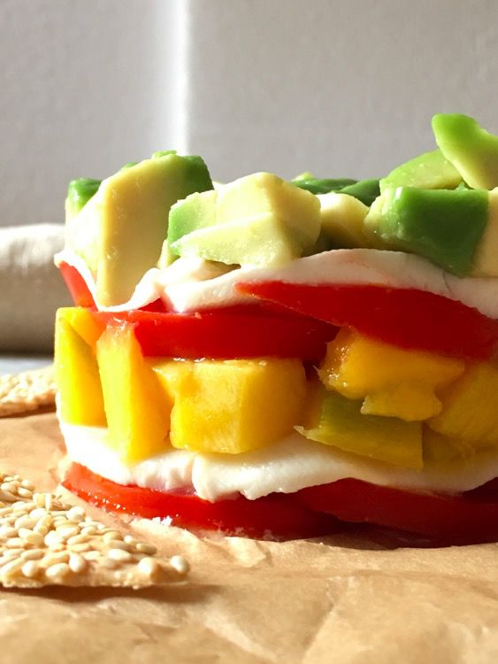 Mozzarella, Mango, Avocado and Tomato Tartare with Basil Sauce